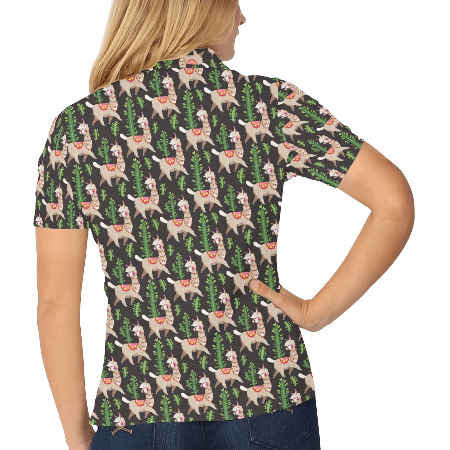Alpaca Cactus Design Themed Print Women's Polo Shirt