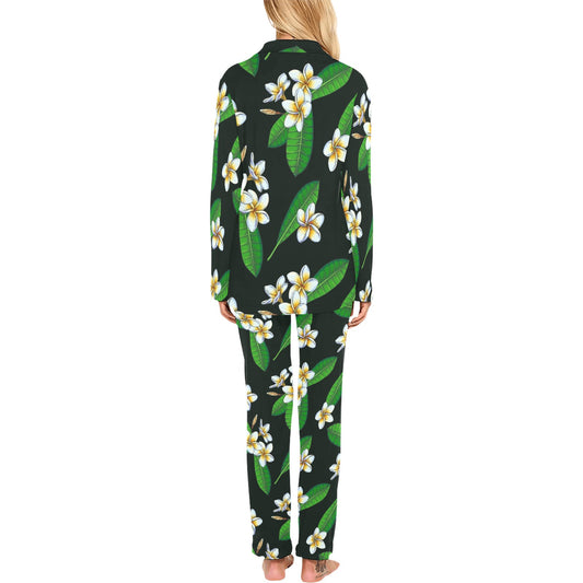 White Plumeria Pattern Print Design PM023 Women's Long Pajama Set