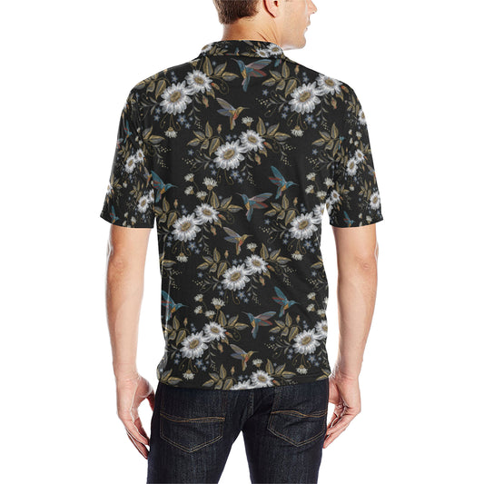 Hummingbird with Embroidery Themed Print Men Polo Shirt