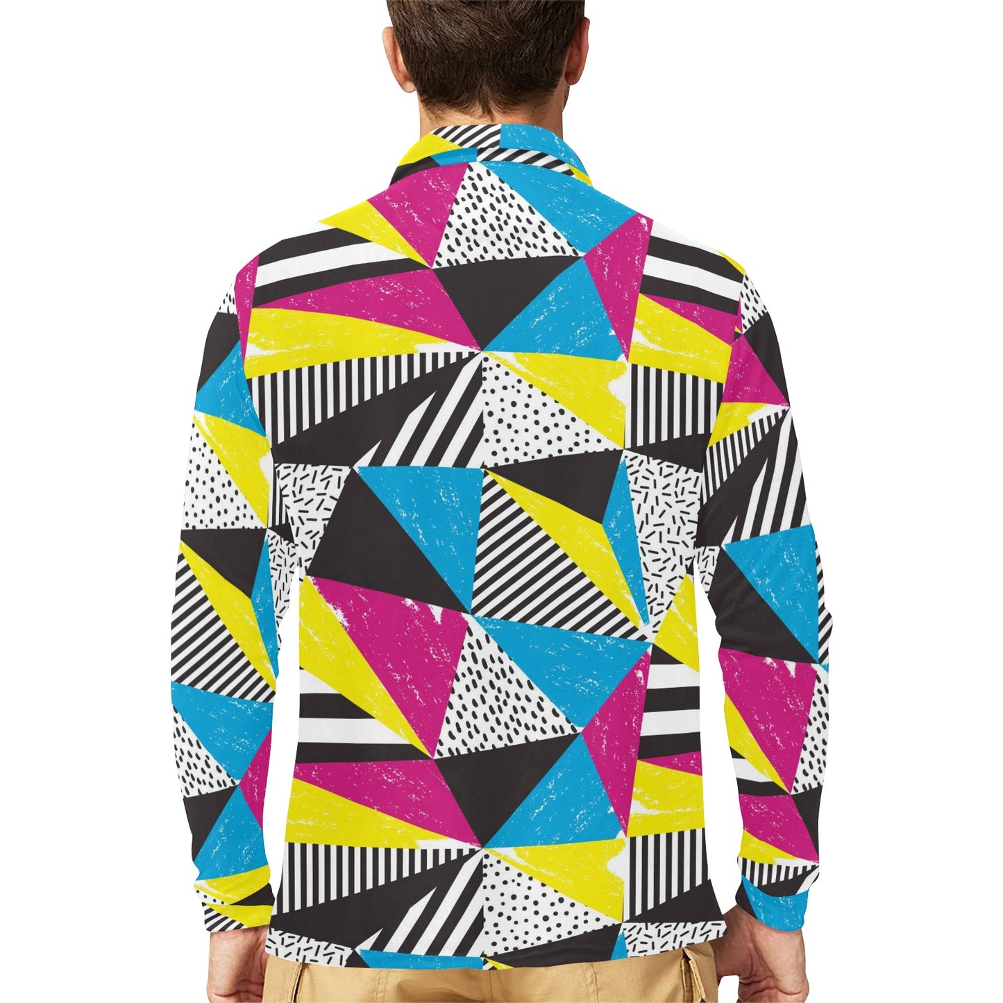 80s Pattern Print Design 2 Long Sleeve Polo Shirt For Men's