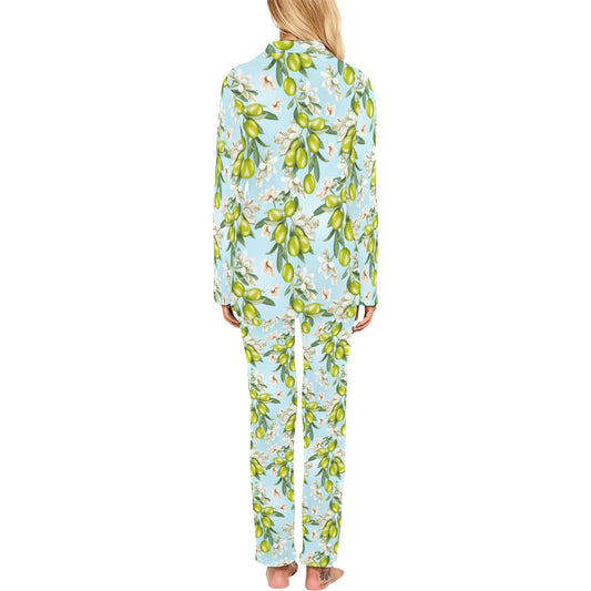 Elegant Olive Floral Print Women's Long Pajama Set