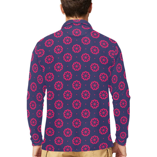 Water Lily Print Design LKS301 Long Sleeve Polo Shirt For Men's
