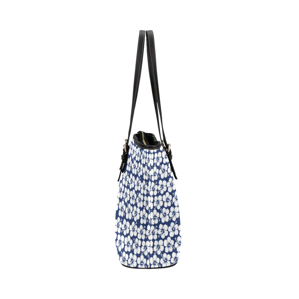 Hibiscus Blue Hawaiian Flower Pattern Leather Tote Bag