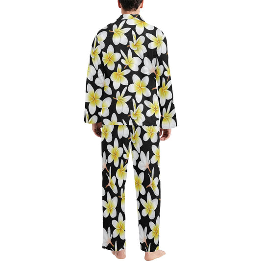 Yellow Plumeria Hawaiian Flowers Men's Long Pajama Set