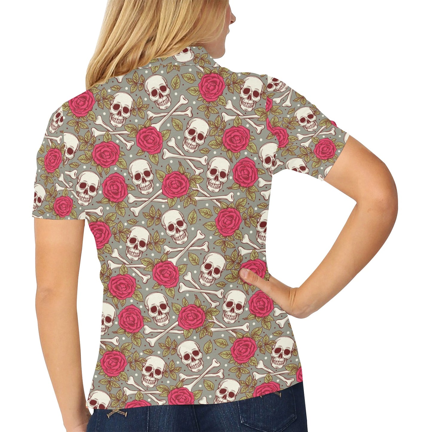 Skull Bone Rose Print Design LKS303 Women's Polo Shirt