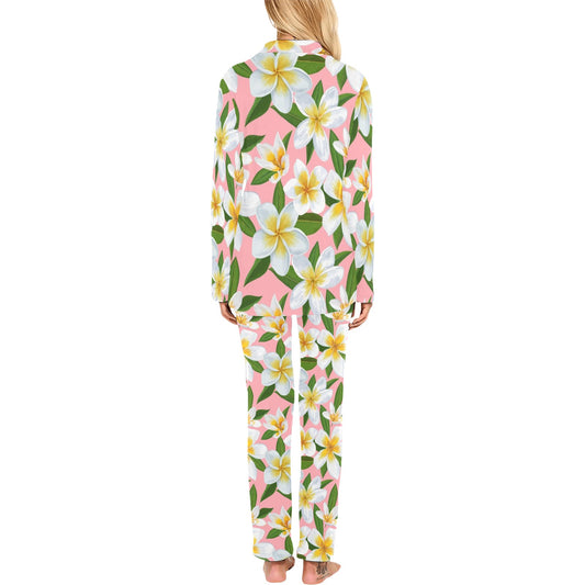 White Plumeria Pattern Print Design PM011 Women's Long Pajama Set