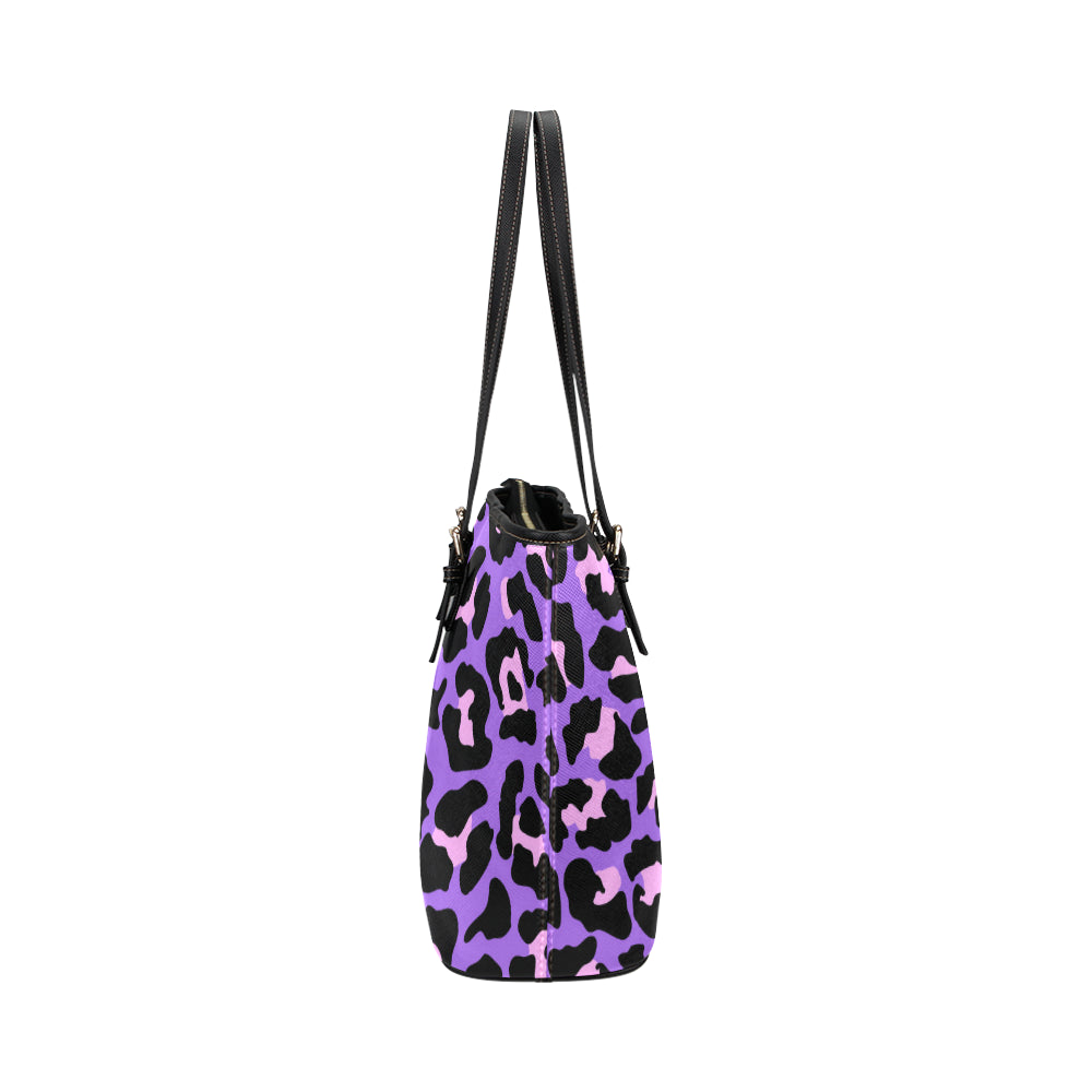 Cheetah Purple Neon Print Pattern Leather Tote Bag