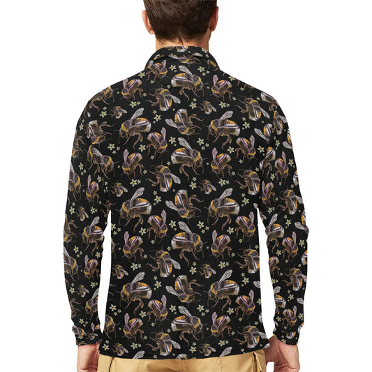 Bee Pattern Print Design 04 Long Sleeve Polo Shirt For Men's