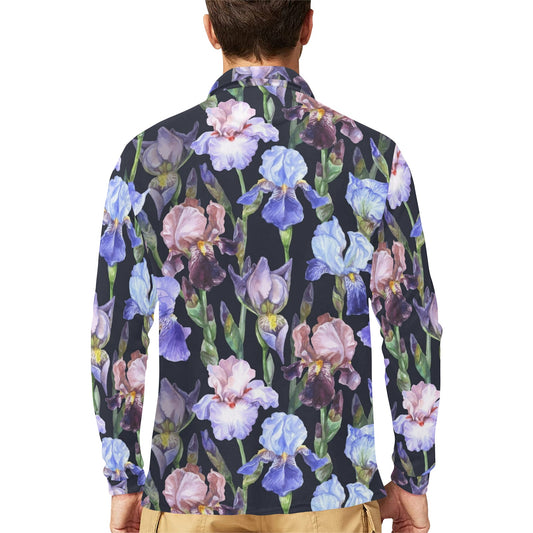 Iris Pattern Print Design IR04 Long Sleeve Polo Shirt For Men's