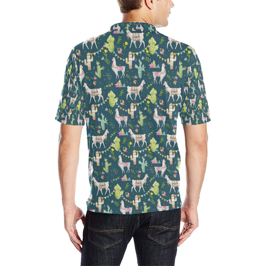 Llama with Cactus Design Print Men Polo Shirt