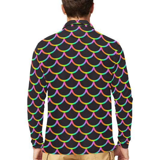 Mermaid Tail Rainbow Design Print Long Sleeve Polo Shirt For Men's