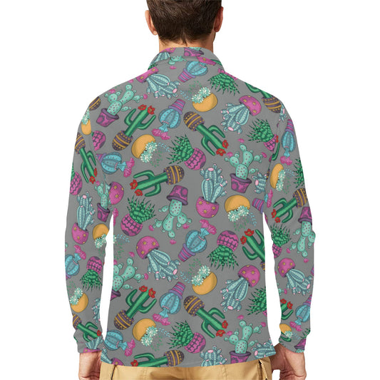 Cactus Colorful Print Pattern Long Sleeve Polo Shirt For Men's
