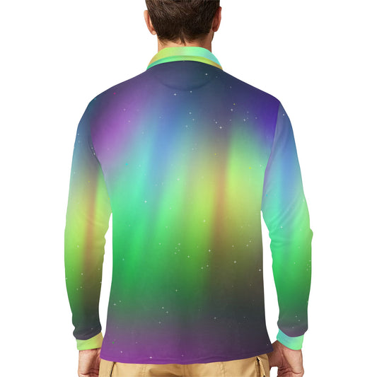 Aurora Borealis Pattern Print Design 03 Long Sleeve Polo Shirt For Men's