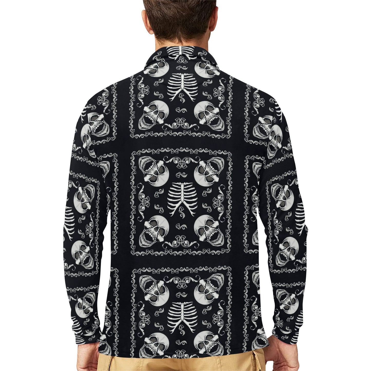 Bandana Skull Black White Print Design LKS306 Long Sleeve Polo Shirt For Men's