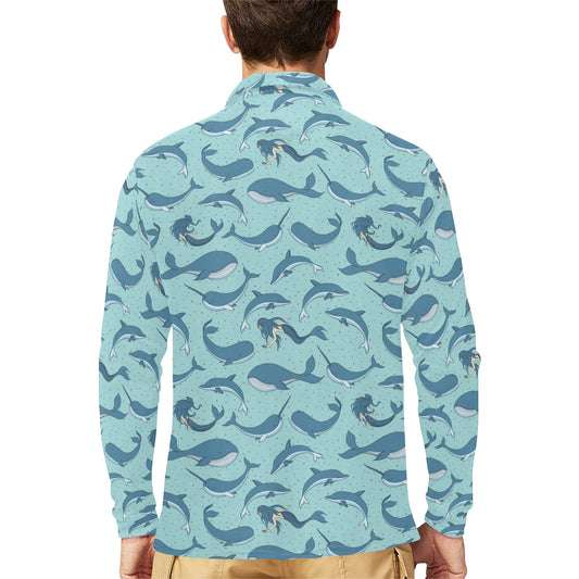 Narwhal Themed Print Long Sleeve Polo Shirt For Men's