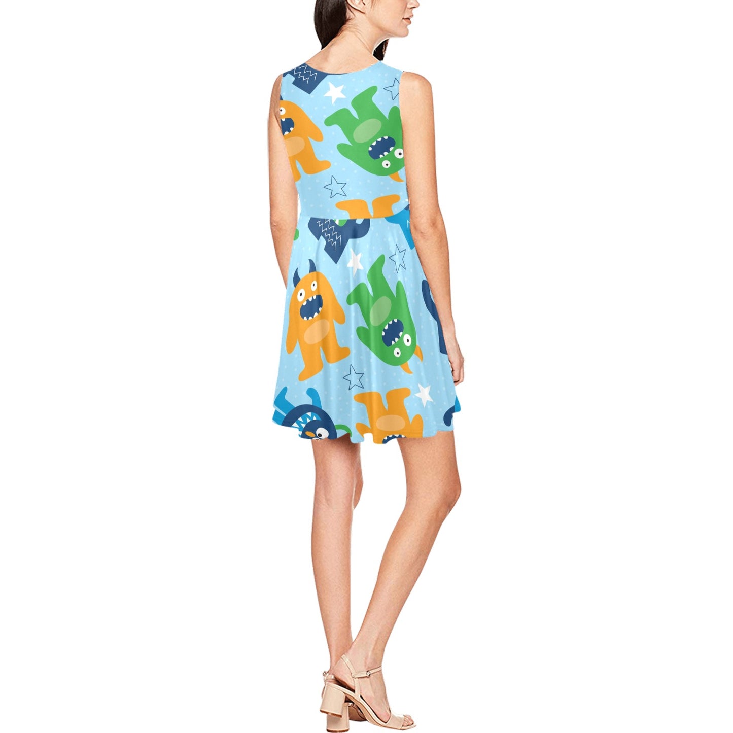 Monster Cartoon Pattern Print Design 04 Sleeveless Dress