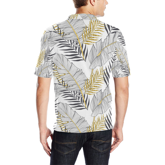 Gold Glitter Tropical Palm Leaves Men Polo Shirt