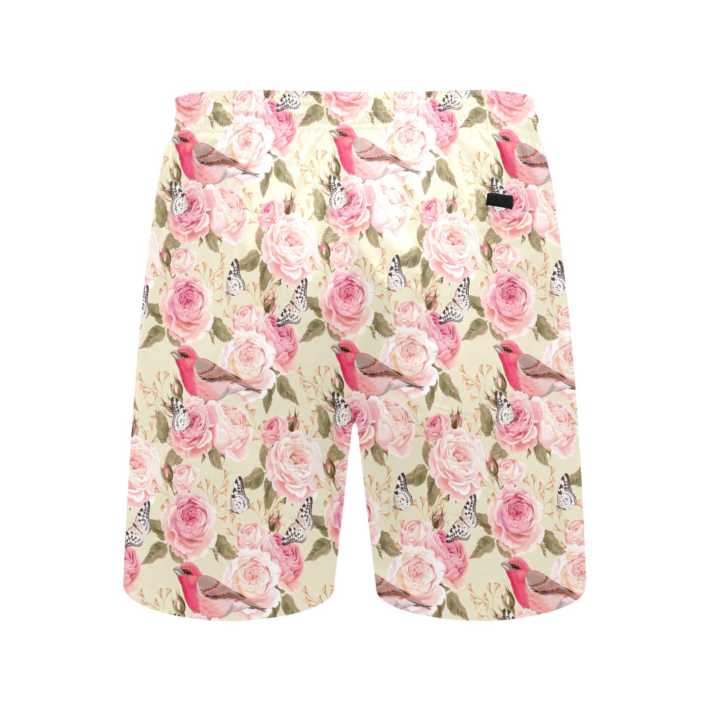 Bird Butterfly Pink Flower Print Pattern Men's Swim Trunks Beach Shorts
