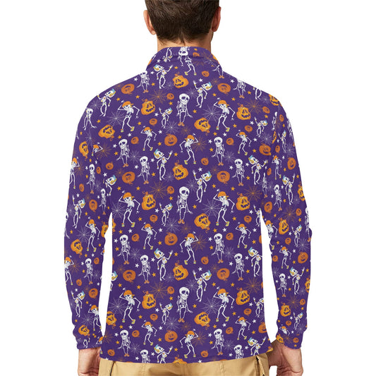 Skeleton Halloween Dance Print Design LKS304 Long Sleeve Polo Shirt For Men's