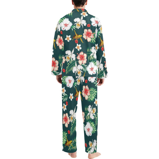 Hawaiian Flower Design with SeaTurtle Print Men's Long Pajama Set