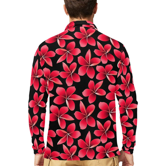 Red Plumeria Pattern Print Design PM025 Long Sleeve Polo Shirt For Men's