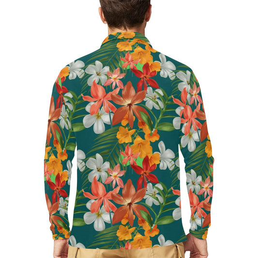 Amaryllis Pattern Print Design AL06 Long Sleeve Polo Shirt For Men's