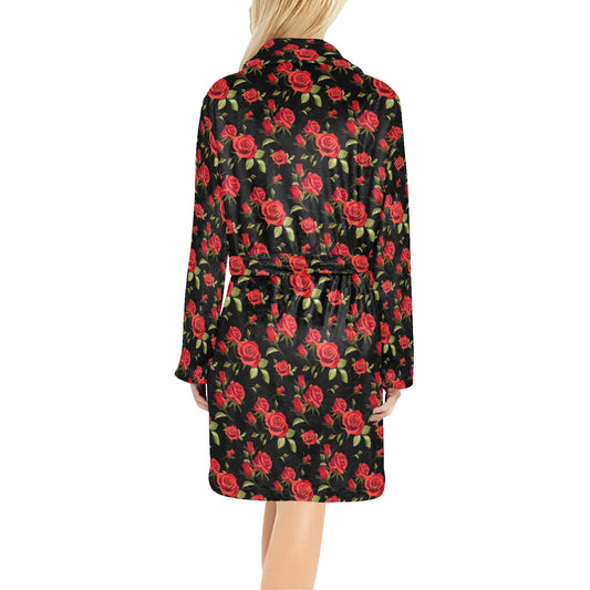 Red Rose Themed Print Women's Fleece Robe