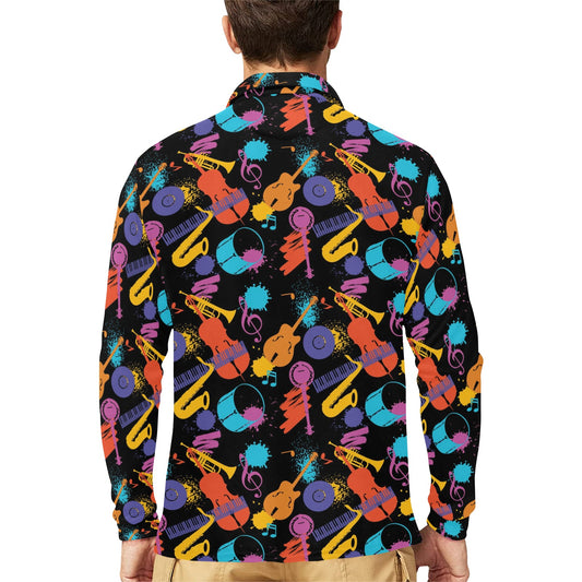 Saxophone Print Design LKS406 Long Sleeve Polo Shirt For Men's