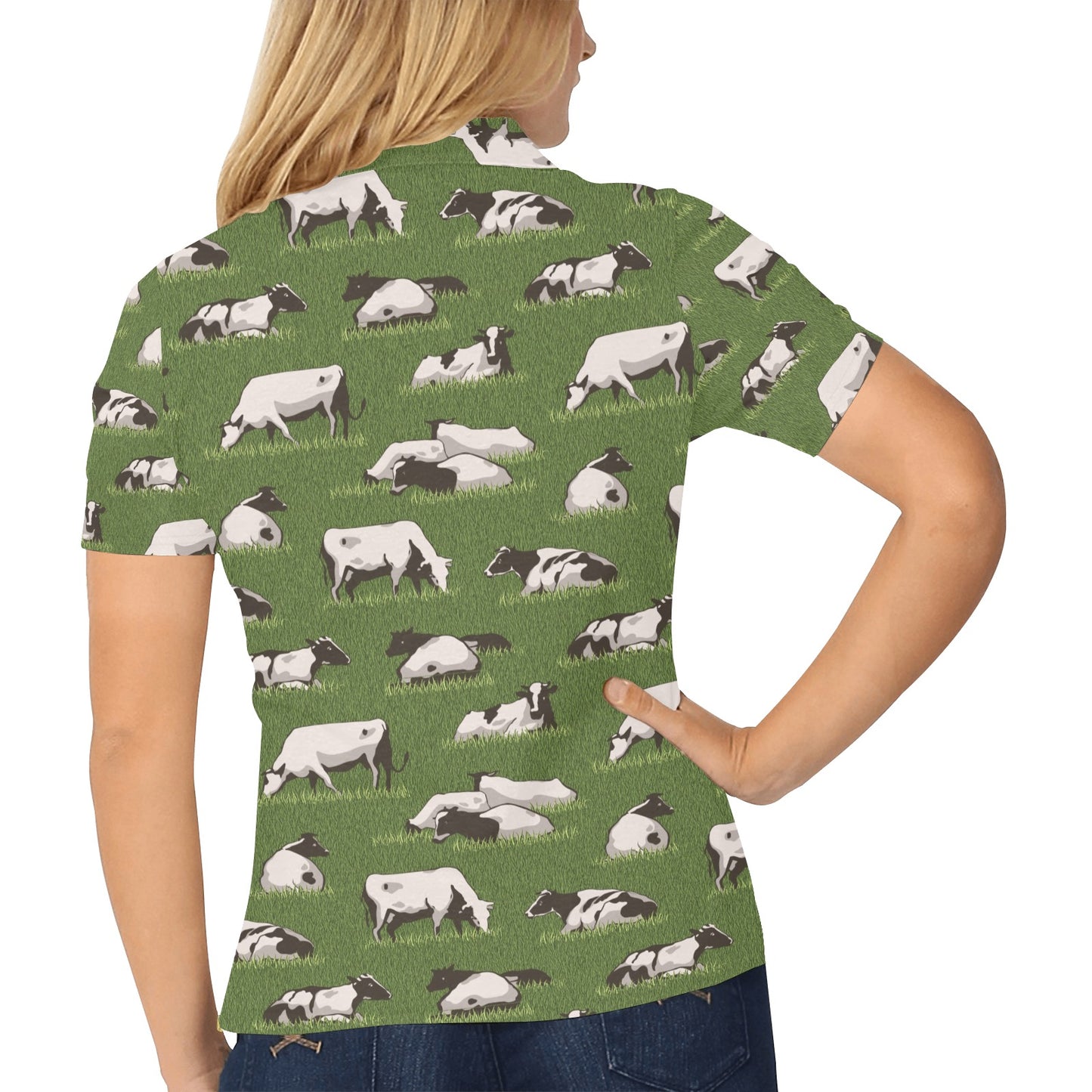 Cow on Grass Print Pattern Women's Polo Shirt