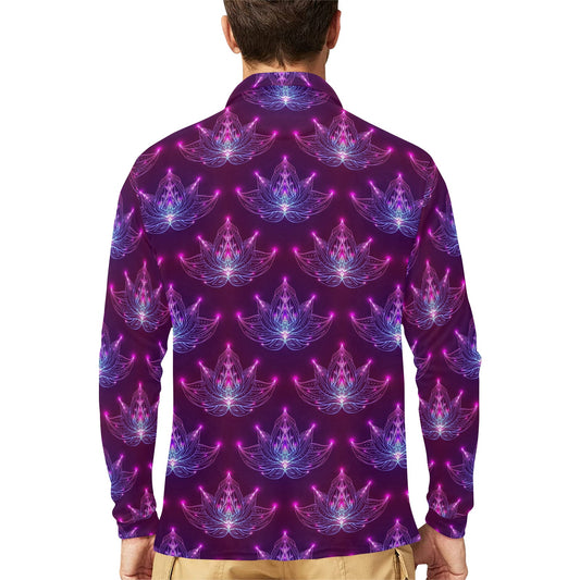 lotus Pattern Print Design LO01 Long Sleeve Polo Shirt For Men's