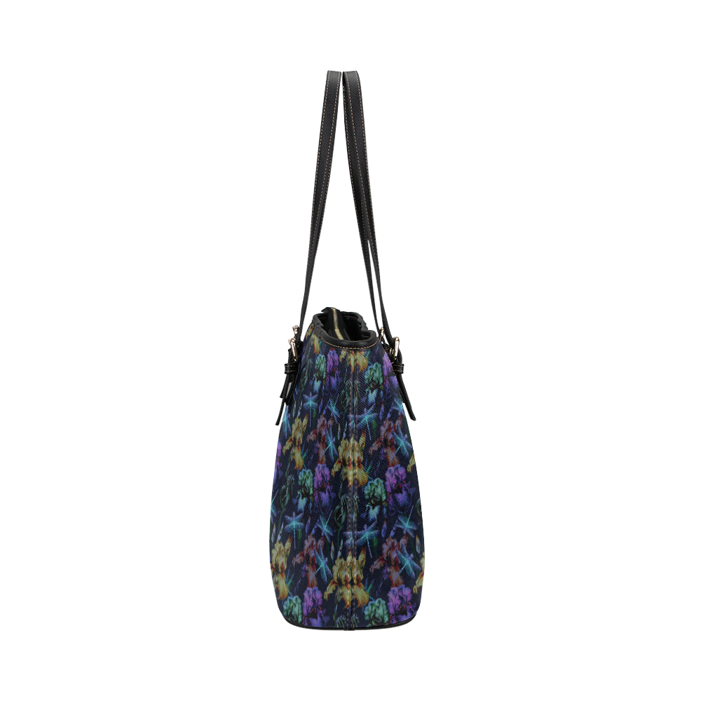 Dragonfly With Floral Print Pattern Leather Tote Bag