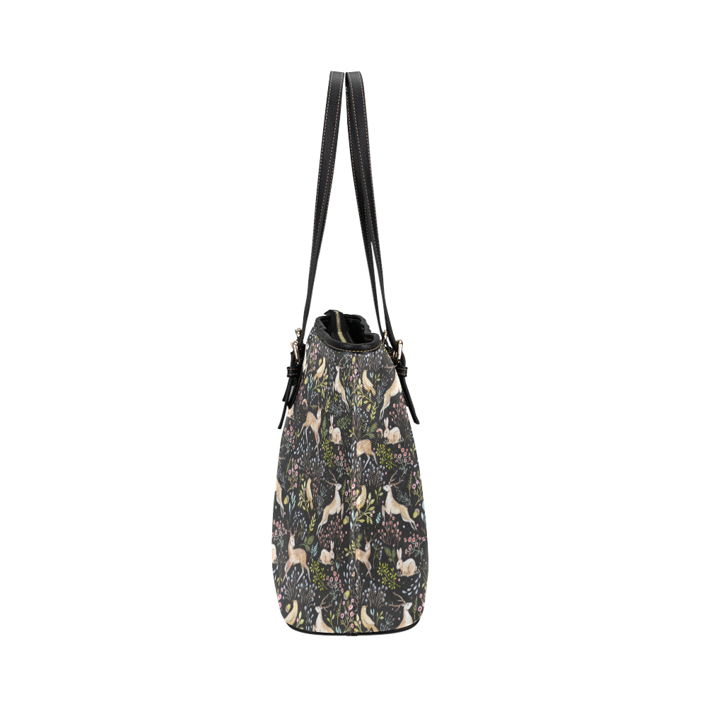 Deer Floral Jungle Leather Tote Bag