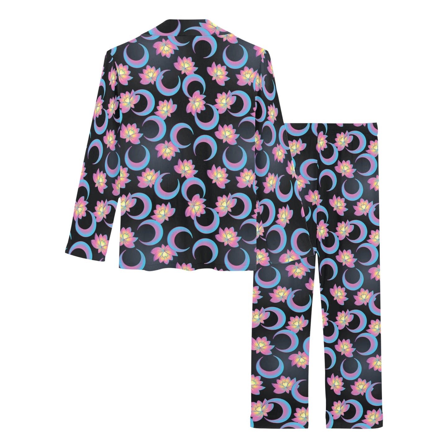 Lotus with Moon Pink Print Themed Women's Long Pajama Set