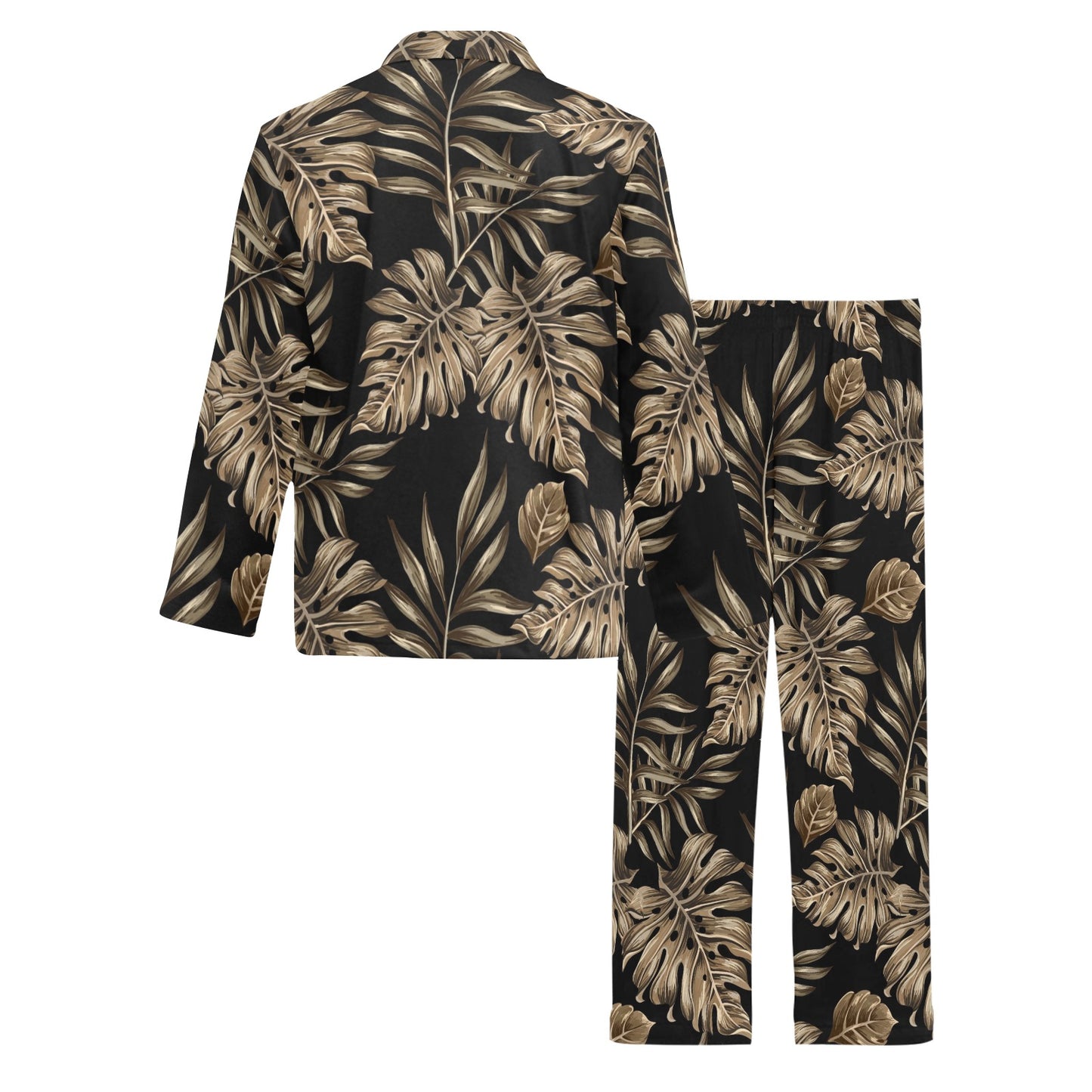 Brown Tropical Palm Leaves Men's Long Pajama Set