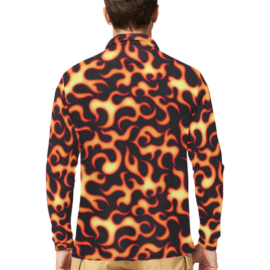 Flame Fire Themed Print Long Sleeve Polo Shirt For Men's