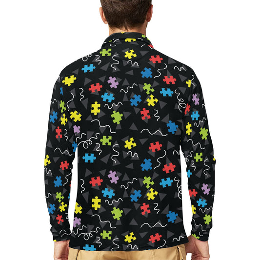 Autism Awareness Pattern Print Design 01 Long Sleeve Polo Shirt For Men's