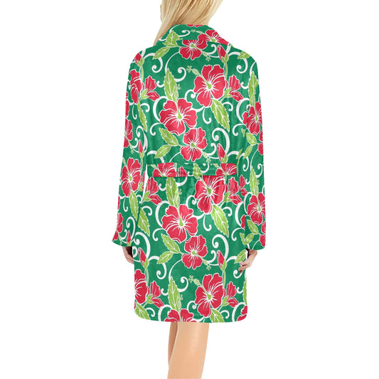 Red Hibiscus Pattern Print Design HB019 Women's Fleece Robe