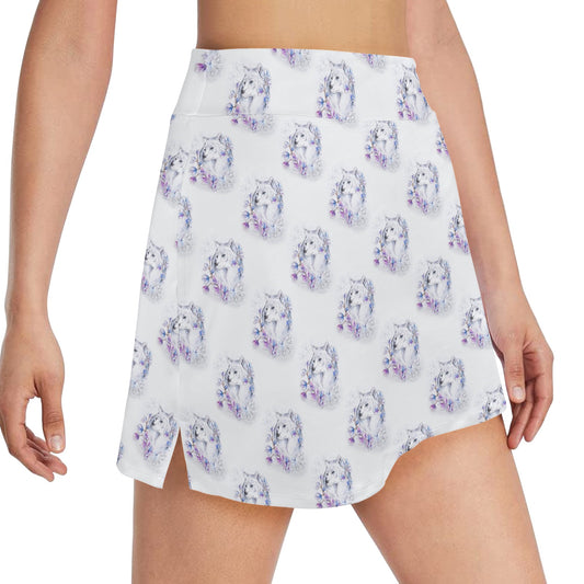 Wolf with Flower Print Design 17" Golf & Pickleball Skort with Pockets