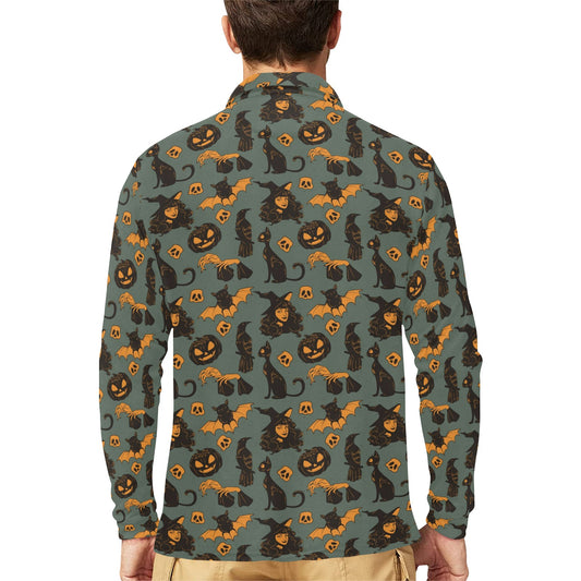 Witch Bat Halloween Print Design LKS305 Long Sleeve Polo Shirt For Men's