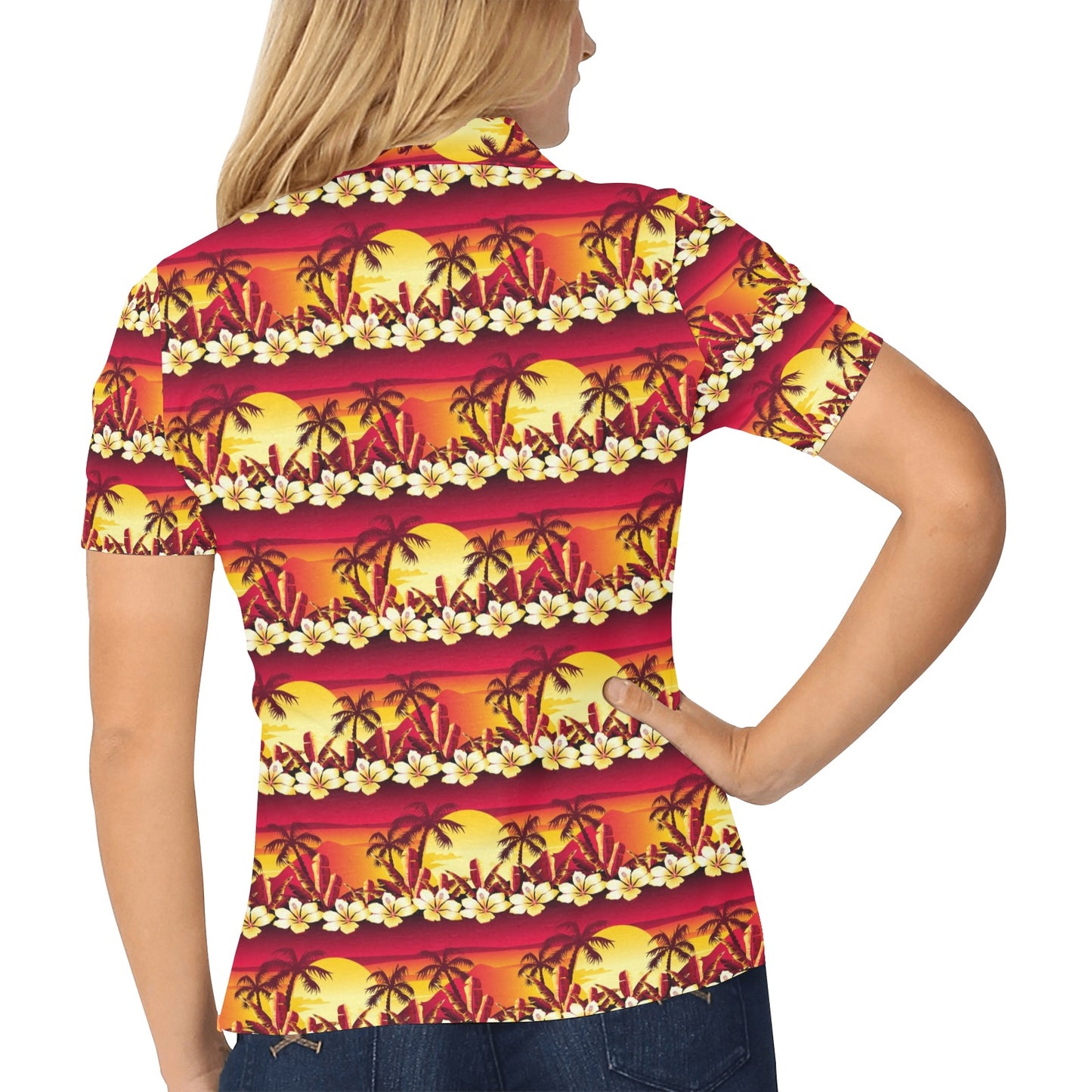 Hawaiian Tropical Sunset Hibiscus Print Women's Polo Shirt
