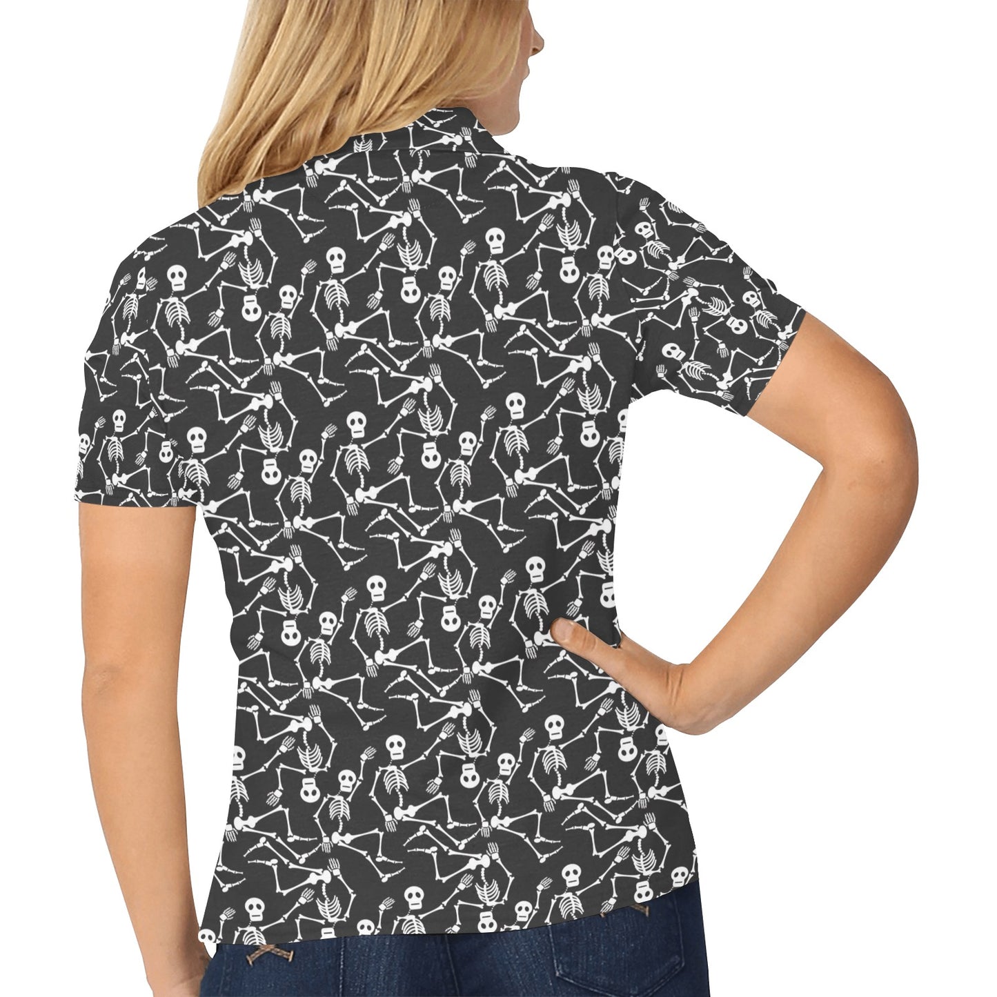 Skeleton Themed Print Women's Polo Shirt