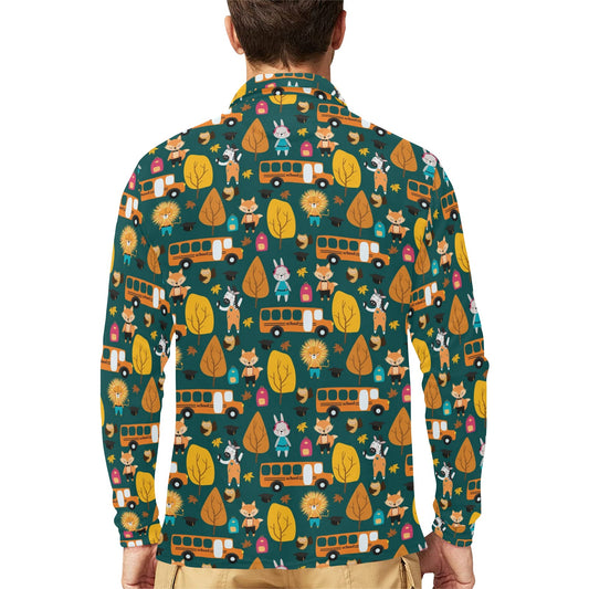 School Bus Print Design LKS309 Long Sleeve Polo Shirt For Men's