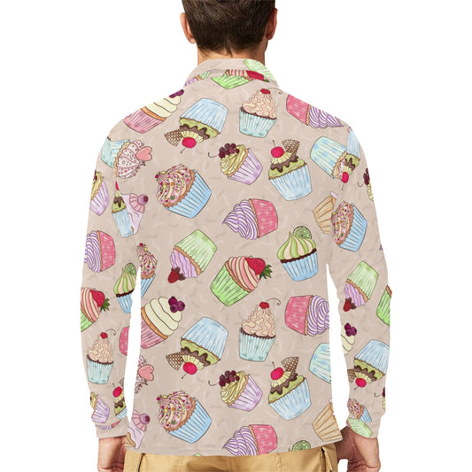 Cupcake Pattern Print Design CP06 Long Sleeve Polo Shirt For Men's