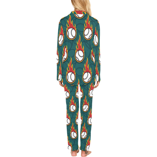 Baseball Fire Print Pattern Women's Long Pajama Set