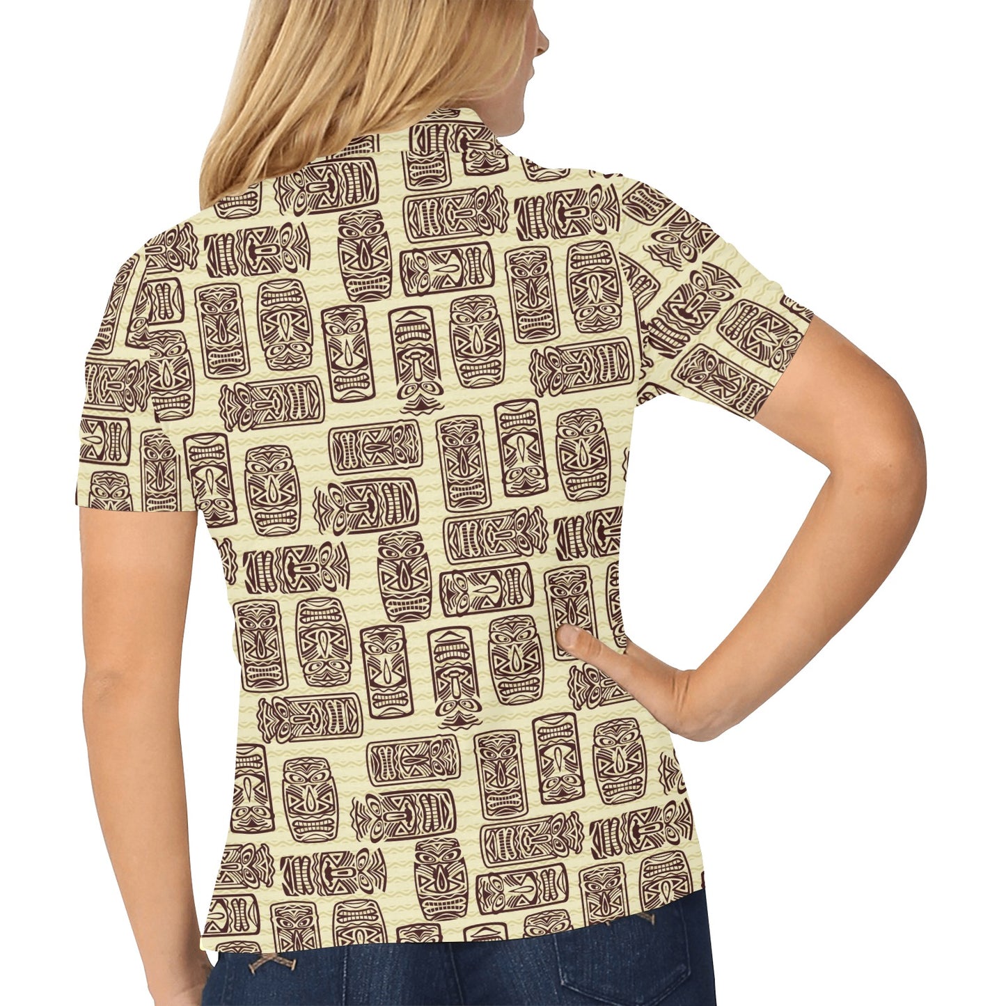 Tiki Brown Mask Print Women's Polo Shirt