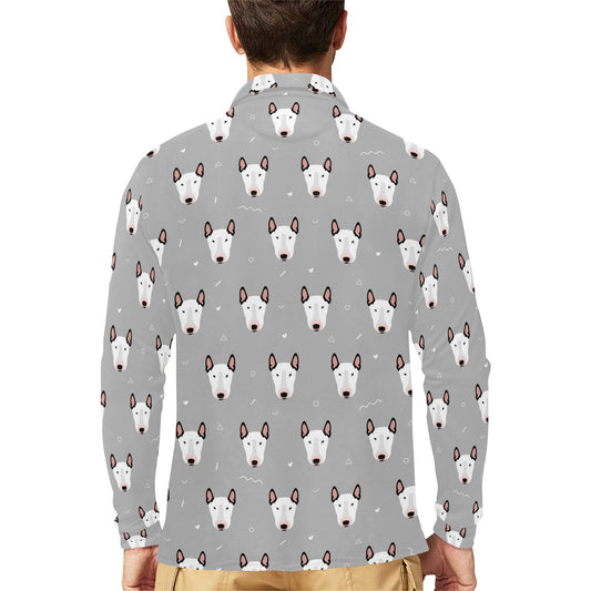 Bull Terrier Head Print Pattern Long Sleeve Polo Shirt For Men's