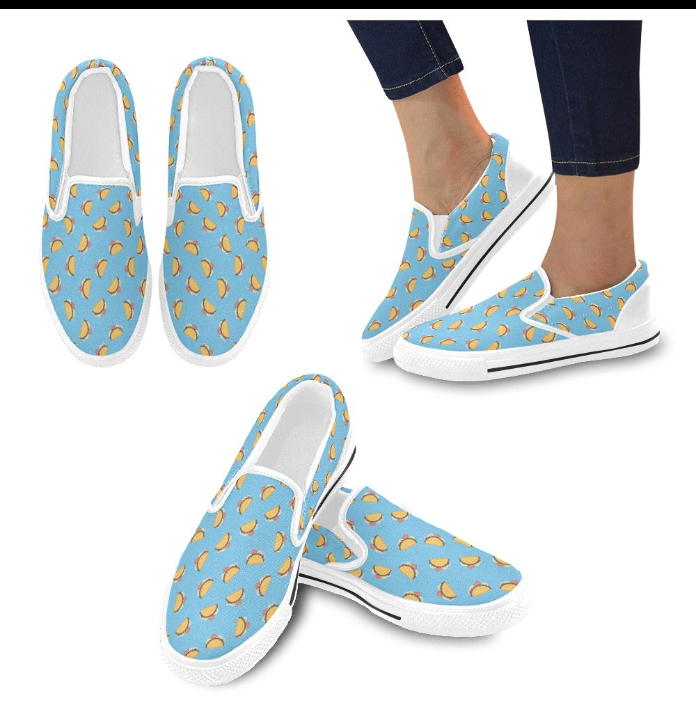Taco Print Design LKS301 White Slip Ons Canvas Women's Shoes