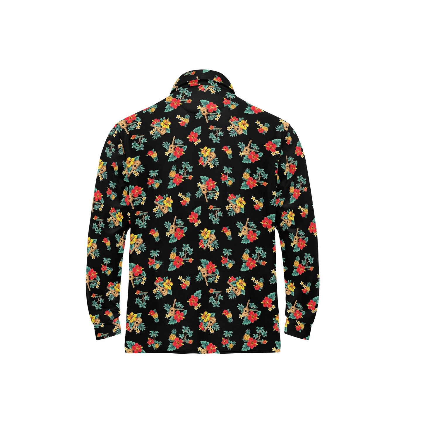 Hawaiian Flower Themed Print Long Sleeve Polo Shirt For Men's