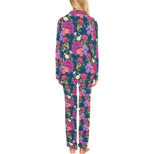 Dahlia Pattern Print Design DH01 Women's Long Pajama Set