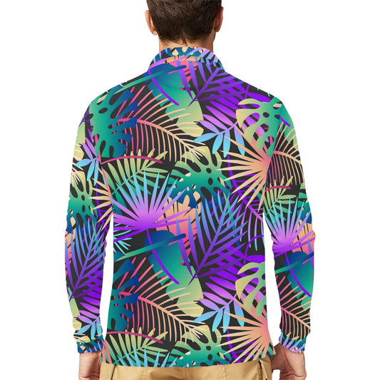 Neon Flower Tropical Palm Leaves Long Sleeve Polo Shirt For Men's